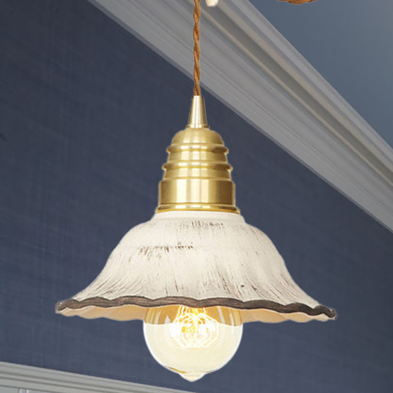 Industrial-Style Scalloped Hanging Light Kit 1 Head Ceramics Pendant Lamp Fixture in Gold