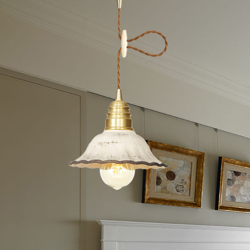 Industrial-Style Scalloped Hanging Light Kit 1 Head Ceramics Pendant Lamp Fixture in Gold