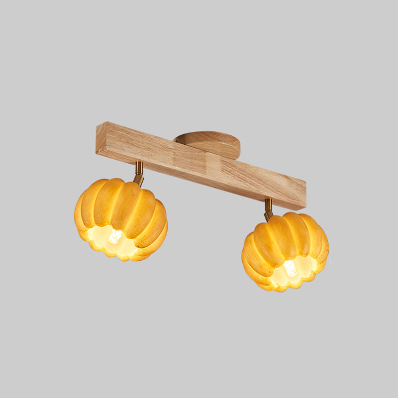 Wood Modern Flush Mount Pumpkin Shape Ceiling Light with Resin Shade for Living Room