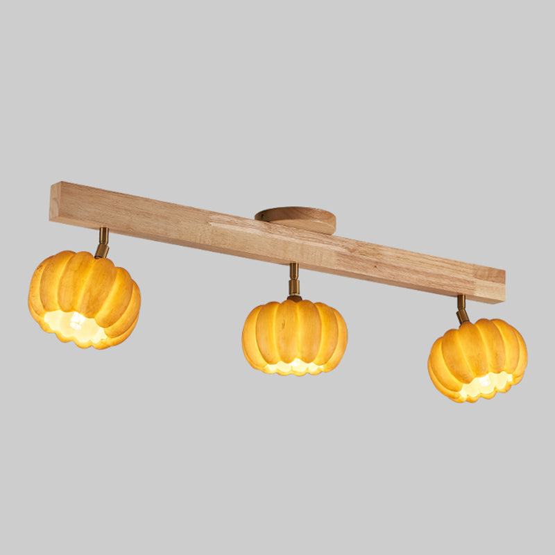 Wood Modern Flush Mount Pumpkin Shape Ceiling Light with Resin Shade for Living Room