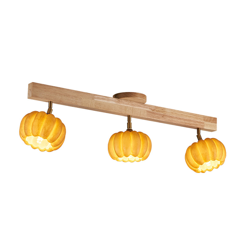 Wood Modern Flush Mount Pumpkin Shape Ceiling Light with Resin Shade for Living Room