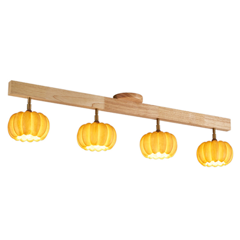 Wood Modern Flush Mount Pumpkin Shape Ceiling Light with Resin Shade for Living Room