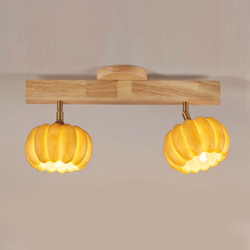 Wood Modern Flush Mount Pumpkin Shape Ceiling Light with Resin Shade for Living Room