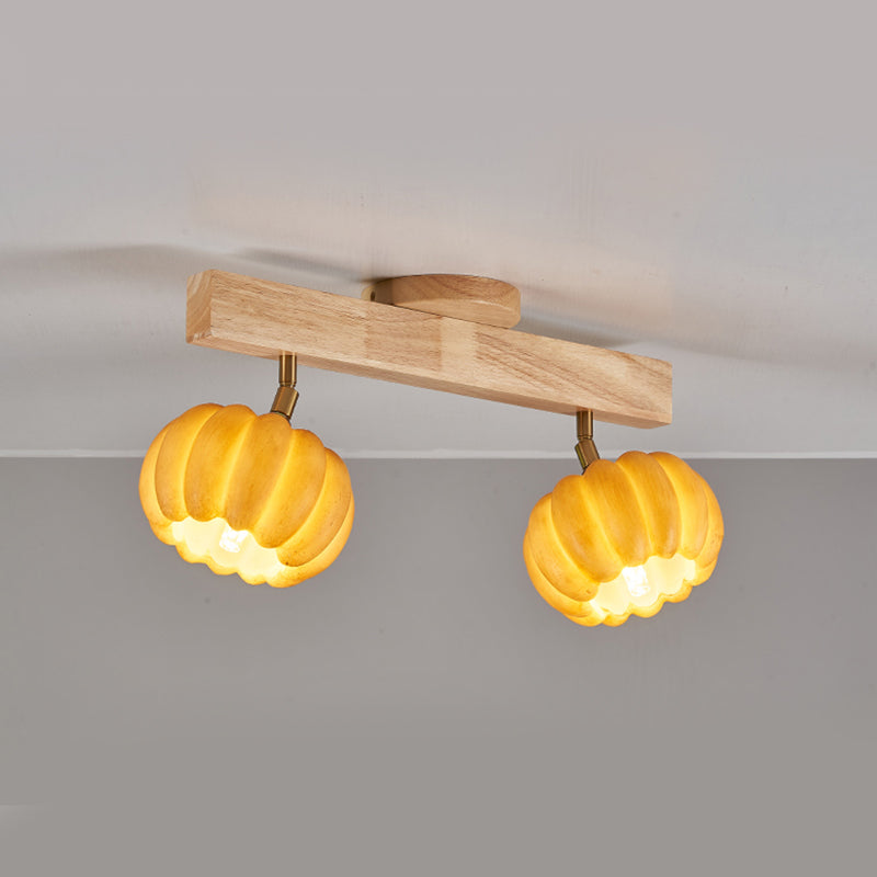 Wood Modern Flush Mount Pumpkin Shape Ceiling Light with Resin Shade for Living Room