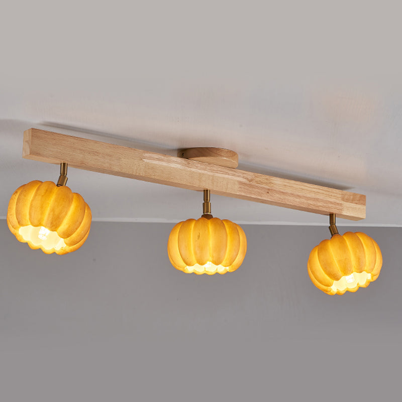 Wood Modern Flush Mount Pumpkin Shape Ceiling Light with Resin Shade for Living Room