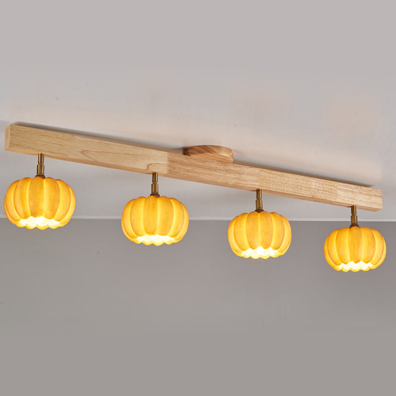 Wood Modern Flush Mount Pumpkin Shape Ceiling Light with Resin Shade for Living Room