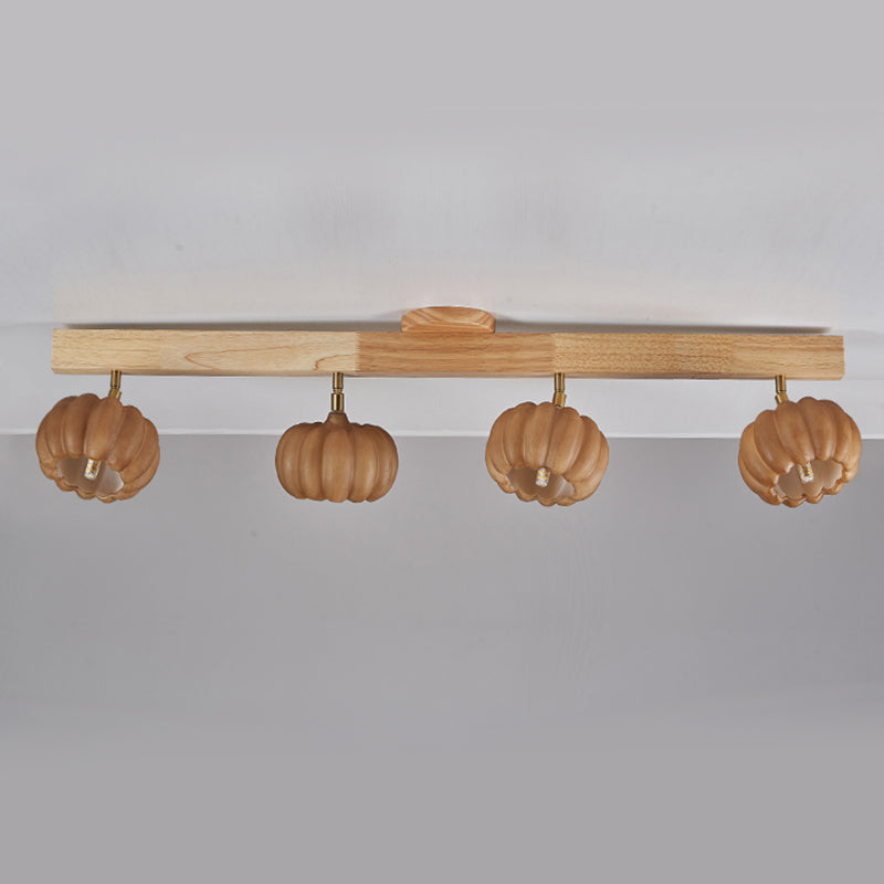 Wood Modern Flush Mount Pumpkin Shape Ceiling Light with Resin Shade for Living Room