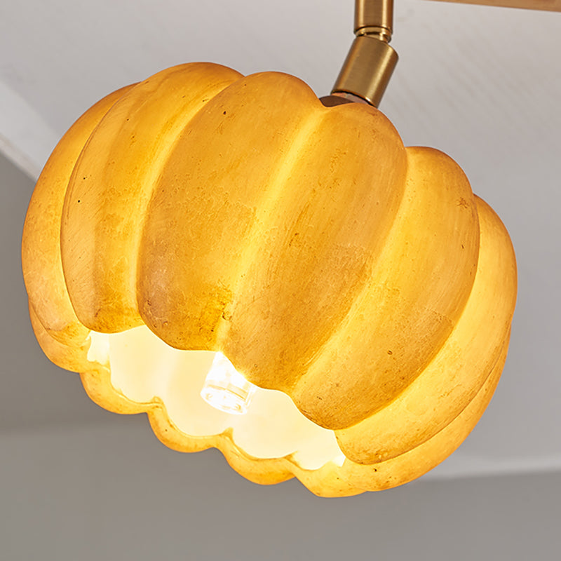 Wood Modern Flush Mount Pumpkin Shape Ceiling Light with Resin Shade for Living Room