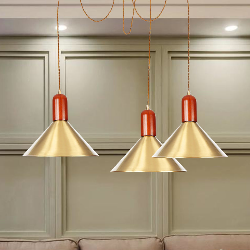 2/4/3 Heads Cone Multi Pendant Chandelier Industrial-Style Gold Finish Metal Swag Hanging Light Kit