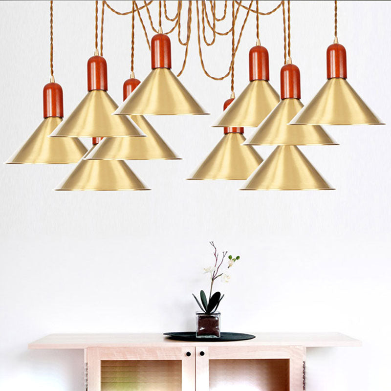 2/4/3 Heads Cone Multi Pendant Chandelier Industrial-Style Gold Finish Metal Swag Hanging Light Kit