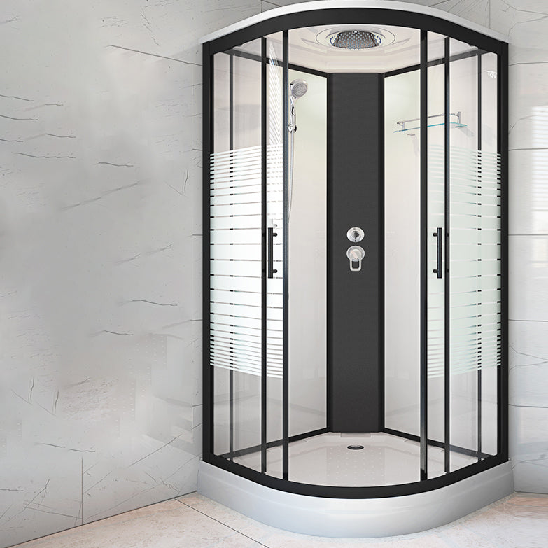 Striped Tempered Glass Shower Stall Black Double Sliding Door Shower Room