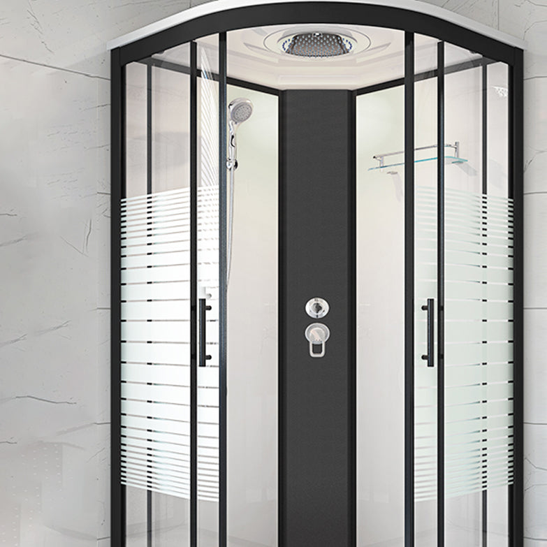 Striped Tempered Glass Shower Stall Black Double Sliding Door Shower Room