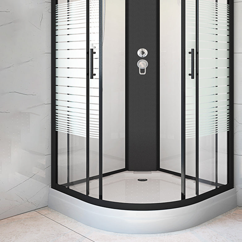 Striped Tempered Glass Shower Stall Black Double Sliding Door Shower Room