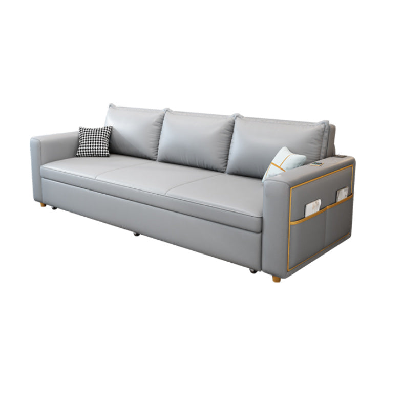 Modern Futon Sleeper Sofa Gray Upholstered with Storage Pillow Back Square Arms