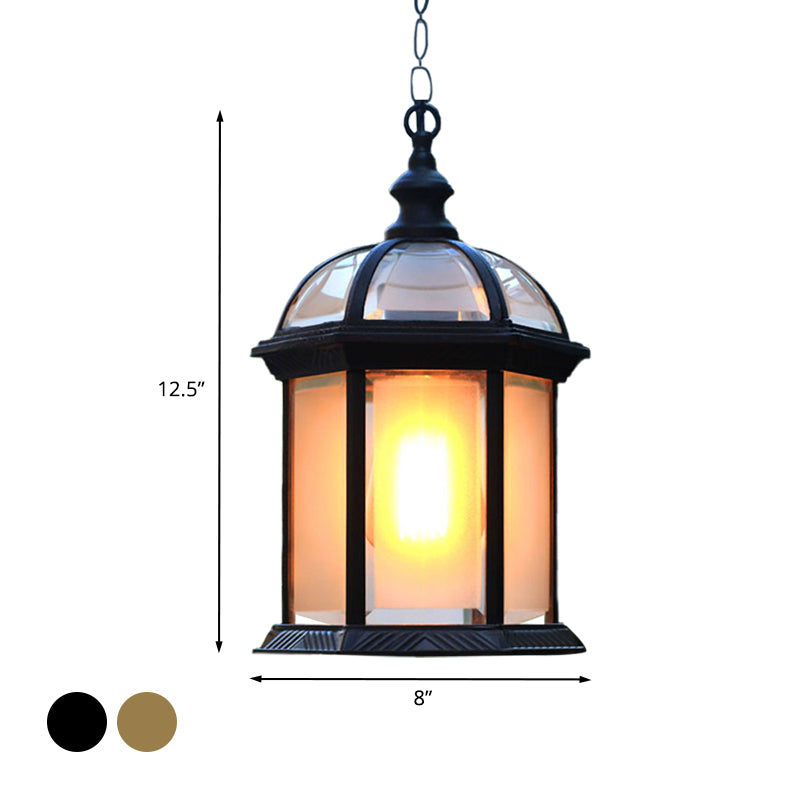 Black/Brass 1 Head Suspension Light Farmhouse Frosted Glass Birdcage Hanging Ceiling Lamp for Courtyard