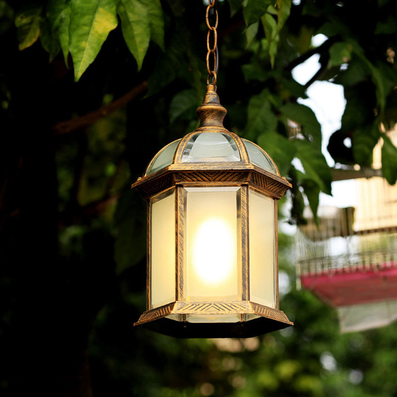 Black/Brass 1 Head Suspension Light Farmhouse Frosted Glass Birdcage Hanging Ceiling Lamp for Courtyard