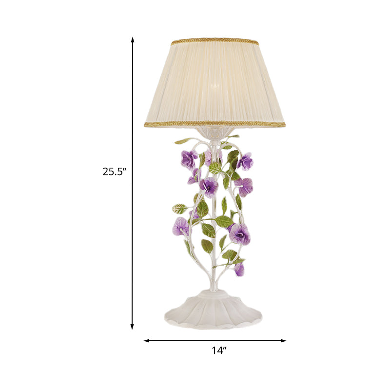 1-Head Barrel Nightstand Lamp Korean Flower White Fabric Night Table Lighting for Bedroom