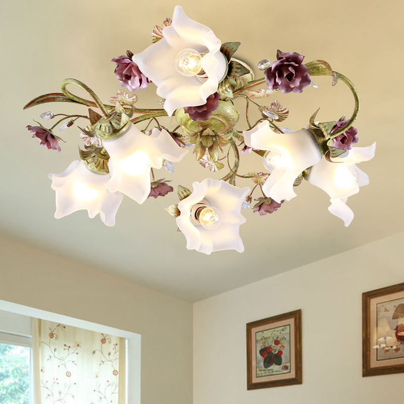 Romantic Pastoral Spiral Ceiling Flush 6 Heads Opal Glass Semi Flush Light with Flower in Green