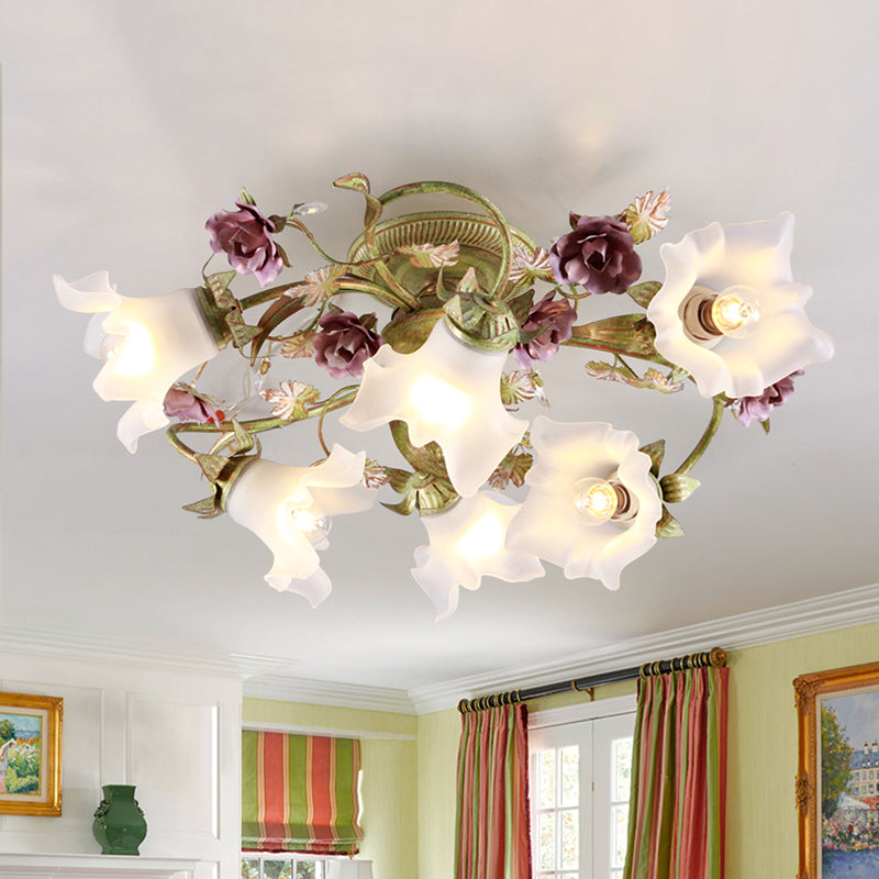 Romantic Pastoral Spiral Ceiling Flush 6 Heads Opal Glass Semi Flush Light with Flower in Green