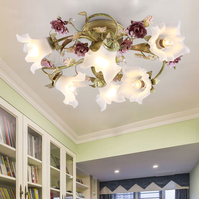 Romantic Pastoral Spiral Ceiling Flush 6 Heads Opal Glass Semi Flush Light with Flower in Green