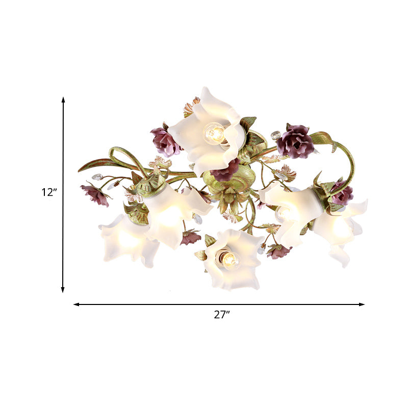 Romantische pastorale Spiraldecke Flush 6 Köpfe Opalglas Halbblüzlicht mit Blume in Grün