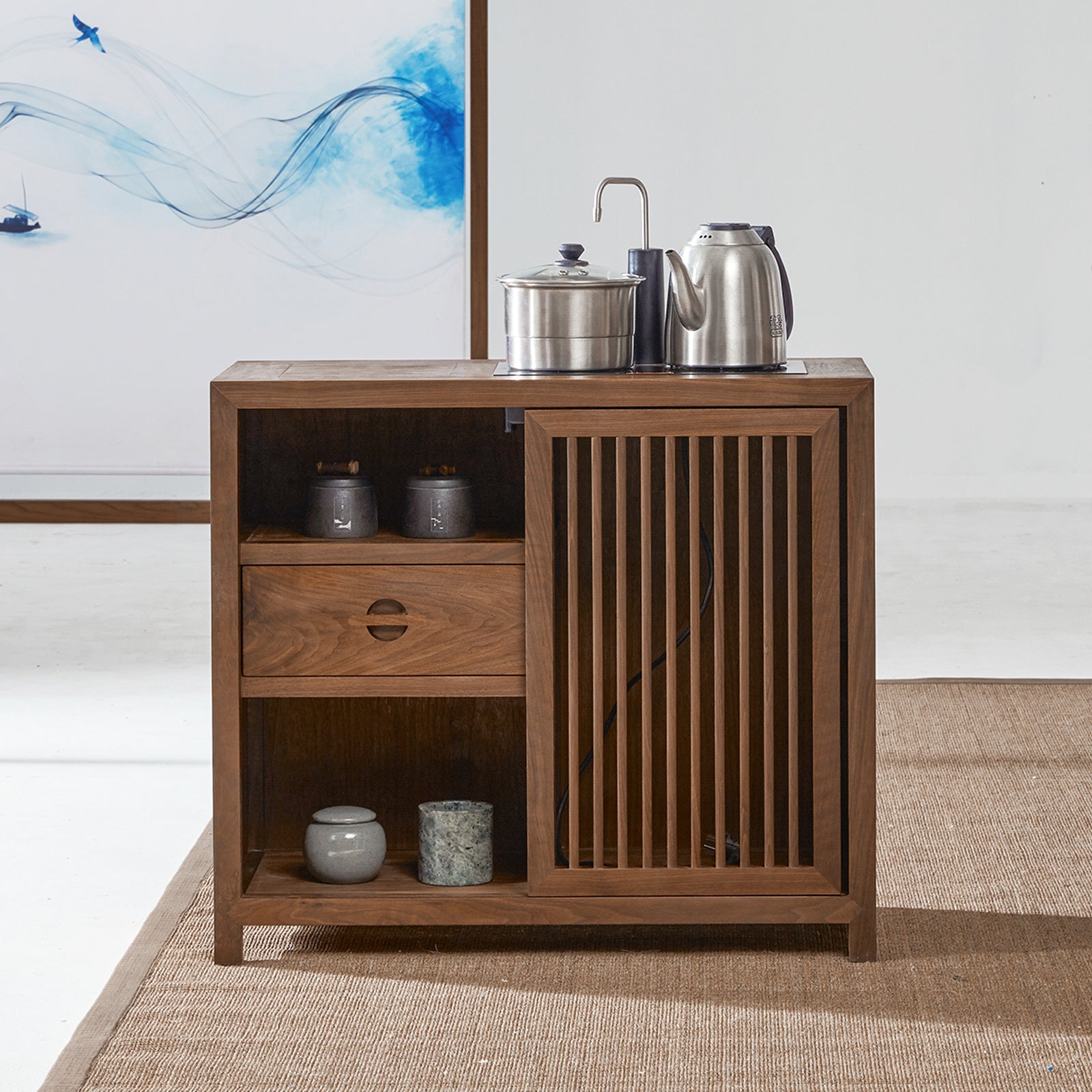 Modern Wood Sideboard Table 1 Drawer Server Open Storage for Living Room