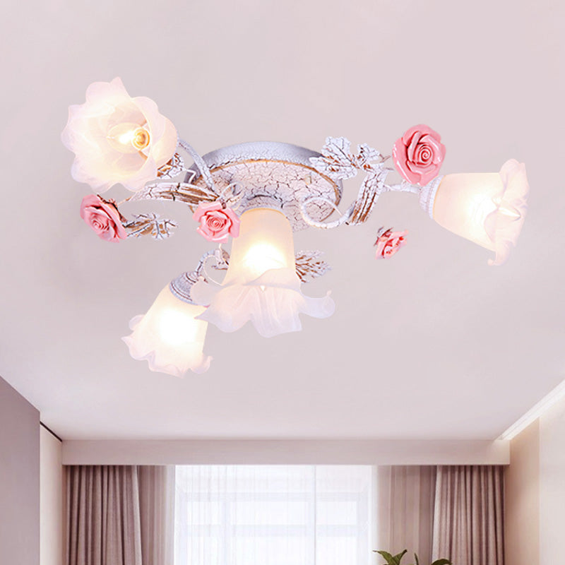 Flower White Glass Ceiling Light Pastoral 4/6/7-Bulb Bedroom Semi Mount Lighting with Sputnik Design