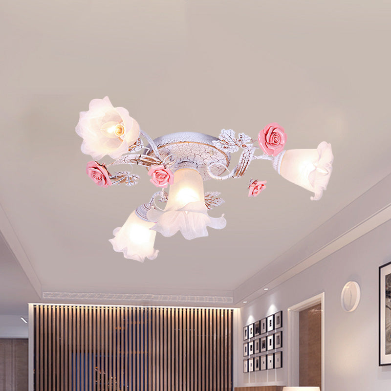 Flower White Glass Ceiling Light Pastoral 4/6/7-Bulb Bedroom Semi Mount Lighting with Sputnik Design