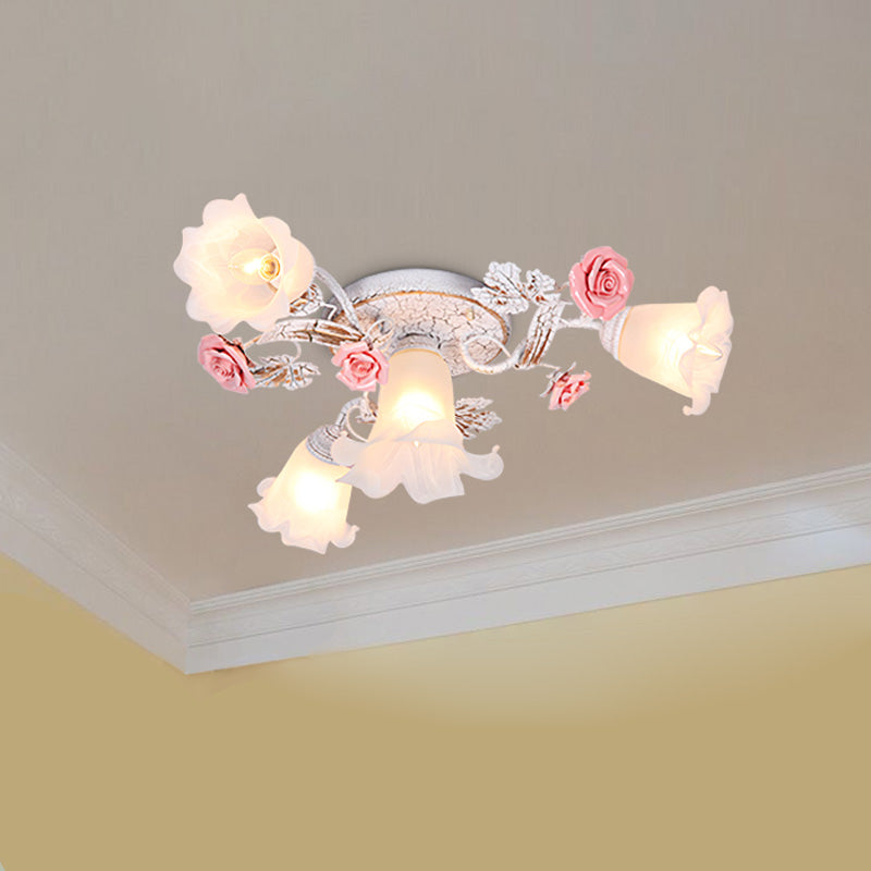 Flower White Glass Ceiling Light Pastoral 4/6/7-Bulb Bedroom Semi Mount Lighting with Sputnik Design