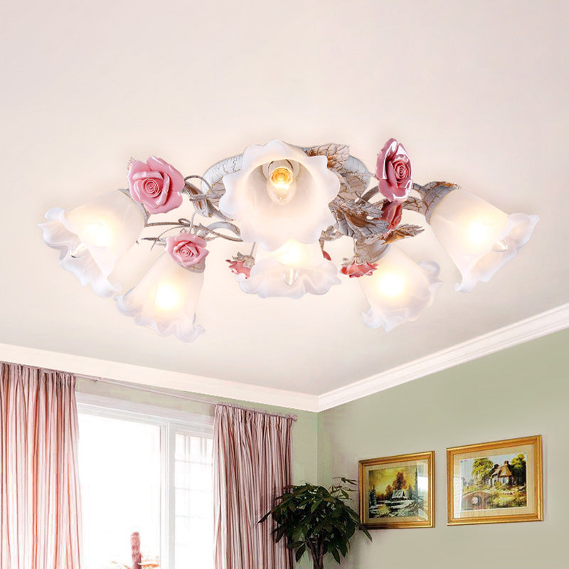 Flower White Glass Ceiling Light Pastoral 4/6/7-Bulb Bedroom Semi Mount Lighting with Sputnik Design