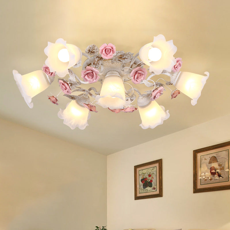 Flower White Glass Ceiling Light Pastoral 4/6/7-Bulb Bedroom Semi Mount Lighting with Sputnik Design