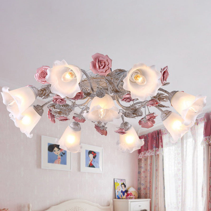 Flower White Glass Ceiling Light Pastoral 4/6/7-Bulb Bedroom Semi Mount Lighting with Sputnik Design