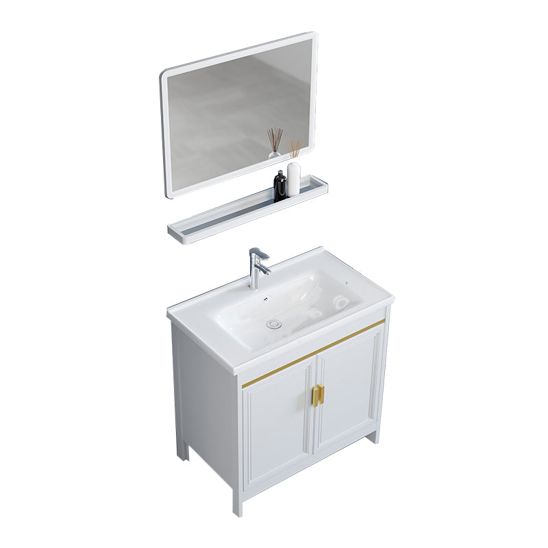 White Bathroom Vanity Metal Frame Single Sink Rectangular Freestanding Vanity with Mirror