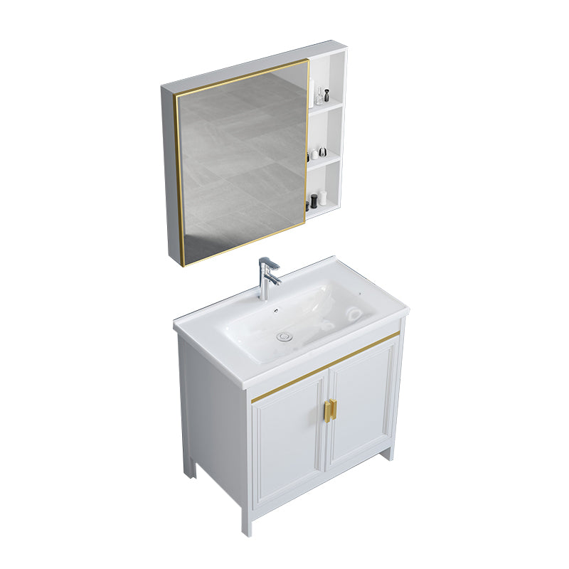 White Bathroom Vanity Metal Frame Single Sink Rectangular Freestanding Vanity with Mirror