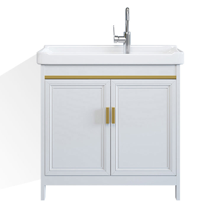 White Bathroom Vanity Metal Frame Single Sink Rectangular Freestanding Vanity with Mirror