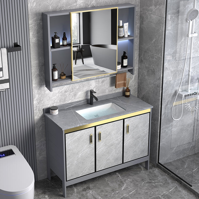 Metal Frame Vanity Grey Single Sink Rectangular Freestanding Mirror Vanity with Doors