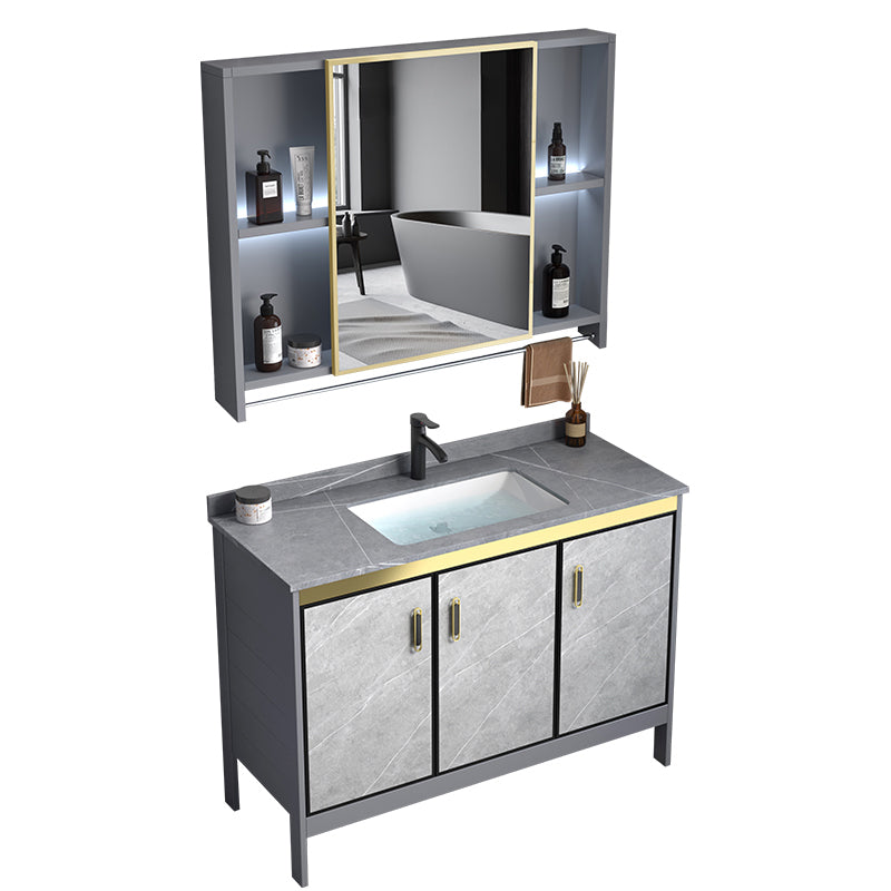 Metal Frame Vanity Grey Single Sink Rectangular Freestanding Mirror Vanity with Doors