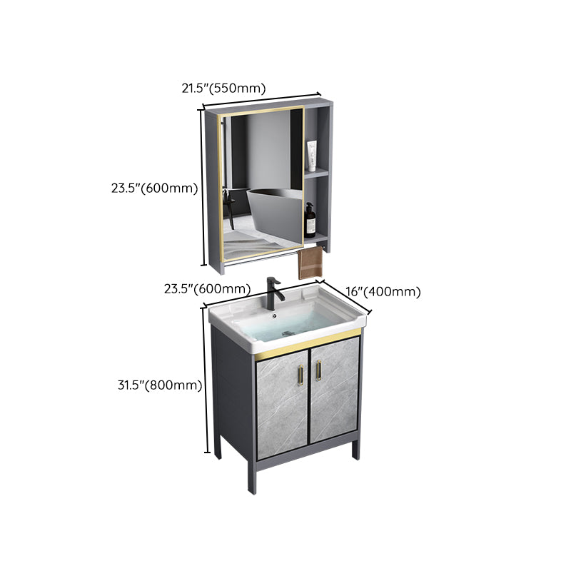 Metal Frame Vanity Grey Single Sink Rectangular Freestanding Mirror Vanity with Doors