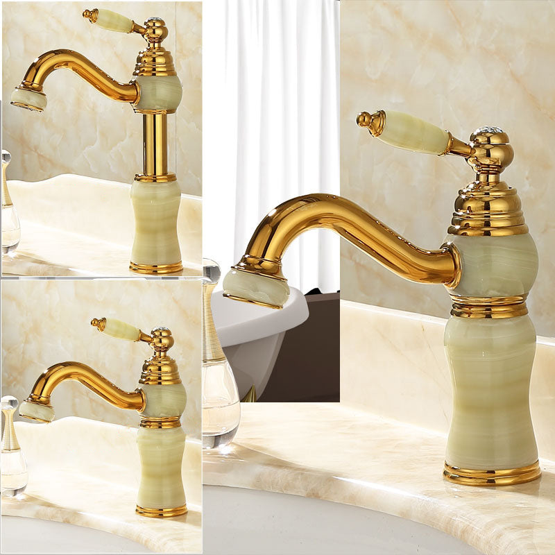 Deck Mounted Copper Tub Faucet Low Arc Roman Tub Faucet Set with Jade