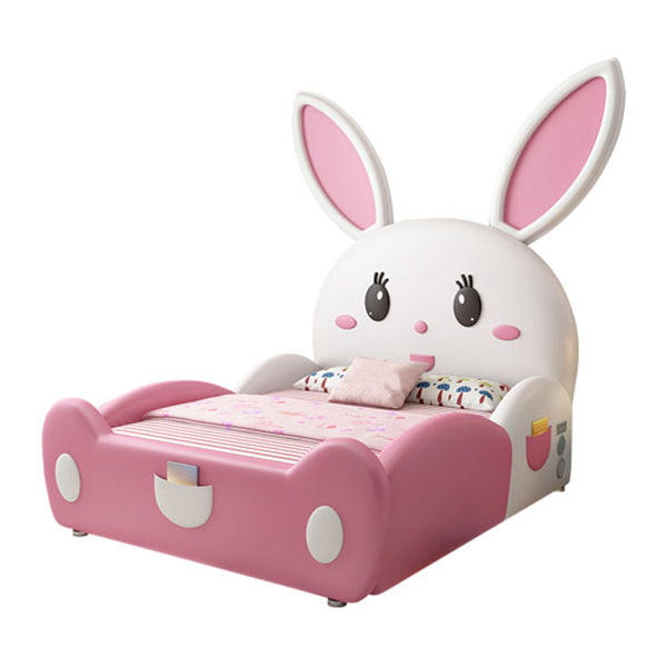 Solid Wood Animals Panel Bed Scandinavian Upholstered Bed in Pink and White
