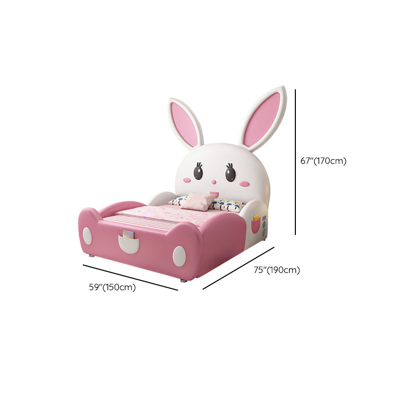 Solid Wood Animals Panel Bed Scandinavian Upholstered Bed in Pink and White