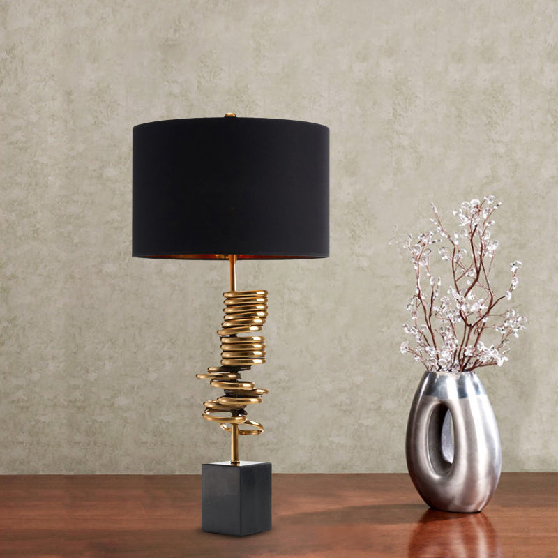 Multi Halo Ring Table Light Modern Metal 1 Bulb Brass Nightstand Lamp with Drum Black Fabric Shade