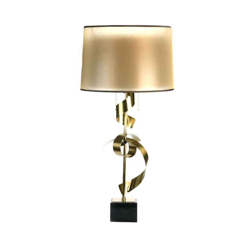 Metal Silk Ribbon Desk Light Contemporary 1-Light Gold Fabric Night Table Lamp with Pull Chain