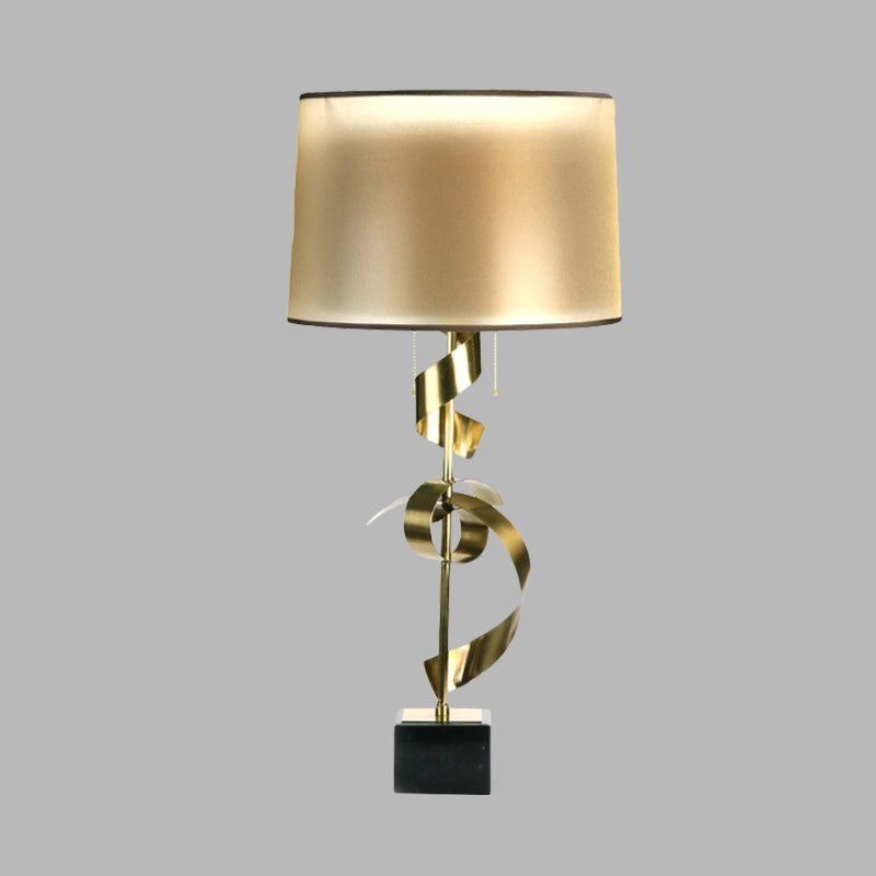 Metal Silk Ribbon Desk Light Contemporary 1-Light Gold Fabric Night Table Lamp with Pull Chain