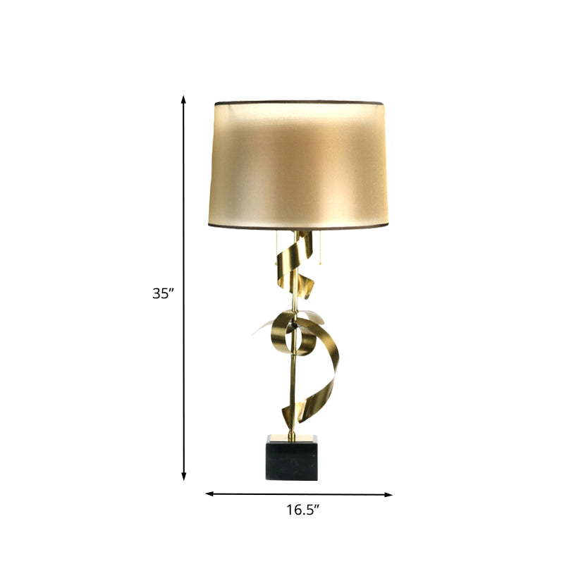 Metal Silk Ribbon Desk Light Contemporary 1-Light Gold Fabric Night Table Lamp with Pull Chain