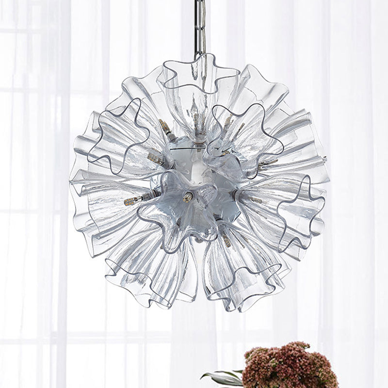 Star Clear Glass Chandelier Lighting Contemporary 19-Bulb Chrome Suspension Lamp with Blossom Design