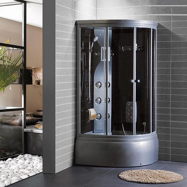 Gray Round Shower Stall Full Frame Double Sliding Door Shower Room