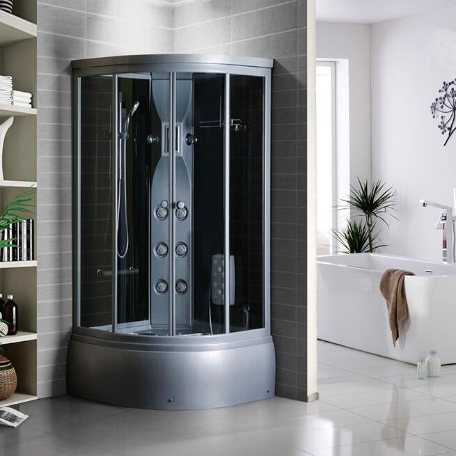 Gray Round Shower Stall Full Frame Double Sliding Door Shower Room