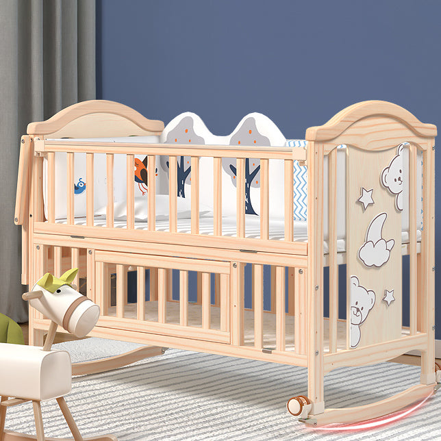 Modern Pine Wood Nursery Bed with Storage and Casters, 2-in-1 Convertible Crib