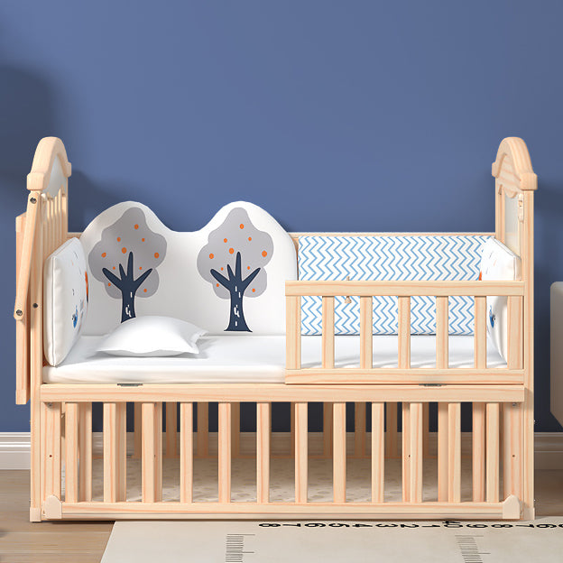 Modern Pine Wood Nursery Bed with Storage and Casters, 2-in-1 Convertible Crib